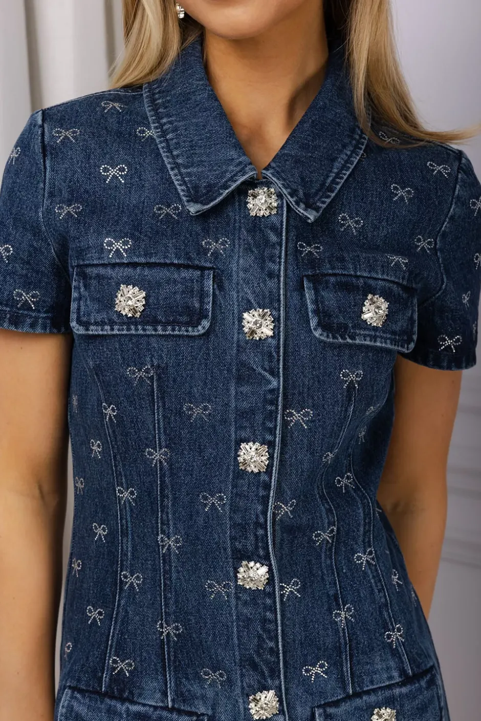Diamante Bow Mini Button Dress Denim Blue^SELF-PORTRAIT Sale