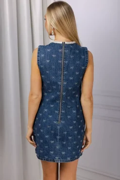 Diamante Bow Mini Dress Denim Blue^SELF-PORTRAIT New