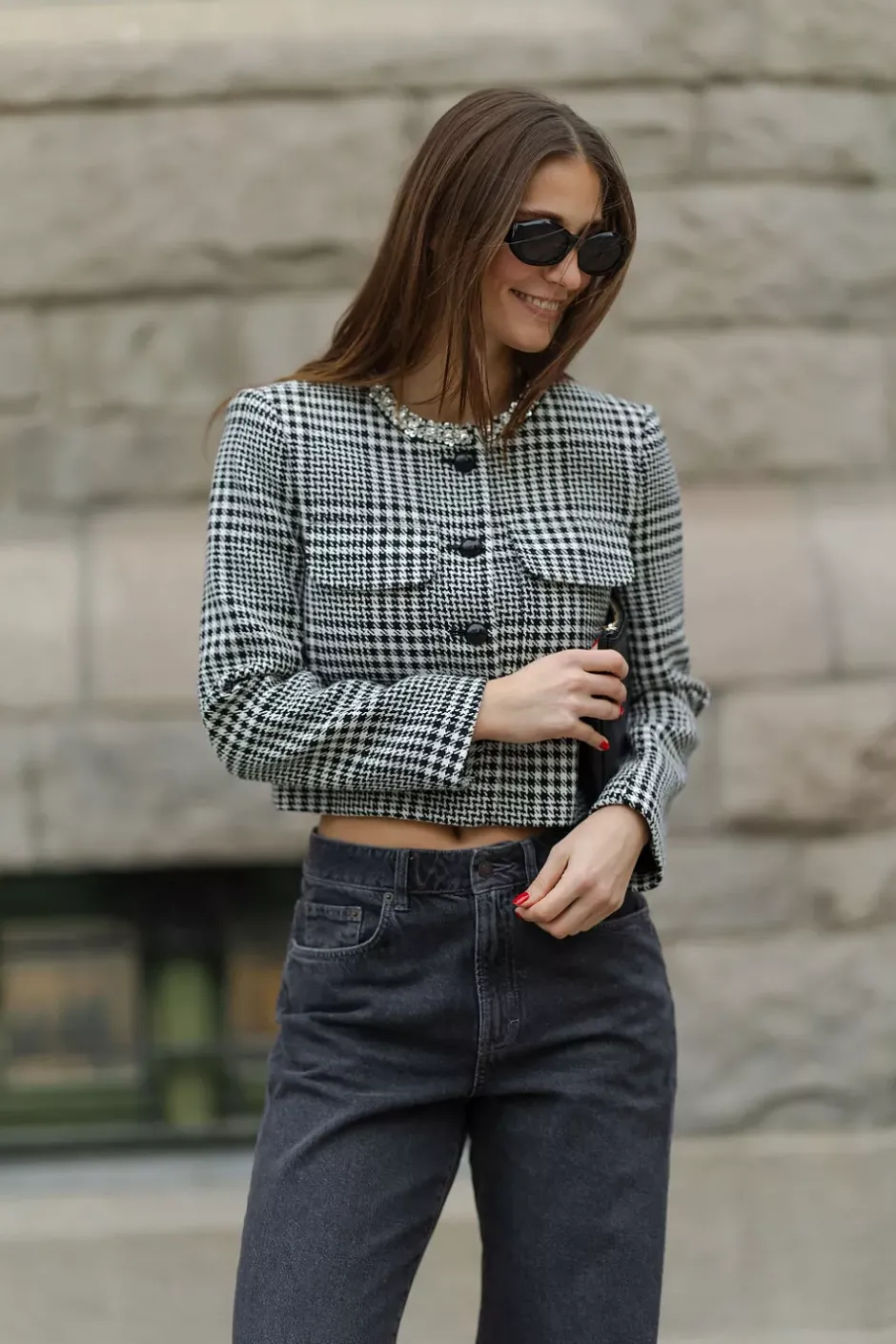Houndstooth Crystal Trim Jacket Black And White^SELF-PORTRAIT Fashion