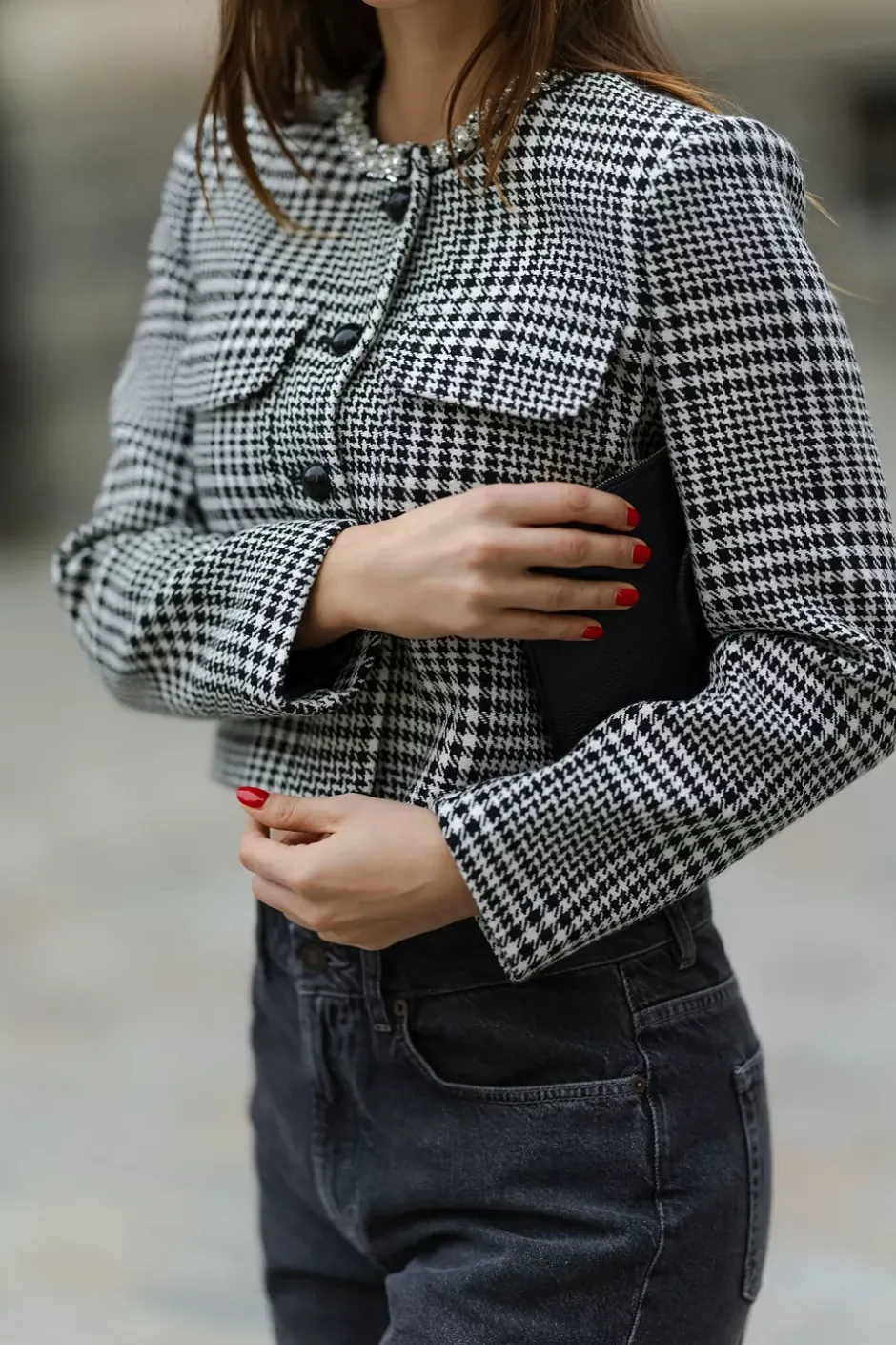 Houndstooth Crystal Trim Jacket Black And White^SELF-PORTRAIT Fashion