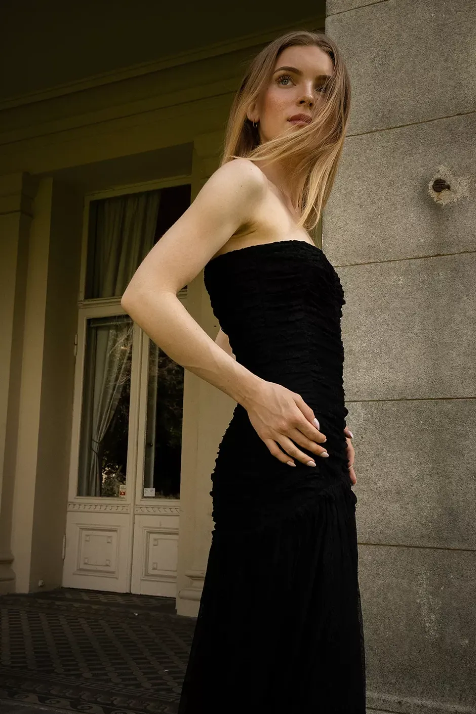 Lace Rouching Gown Black^CARMA Best