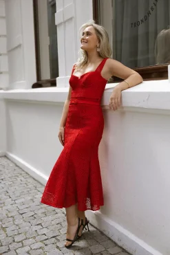 Lattice Lace Midi Dress Red^SELF-PORTRAIT Clearance