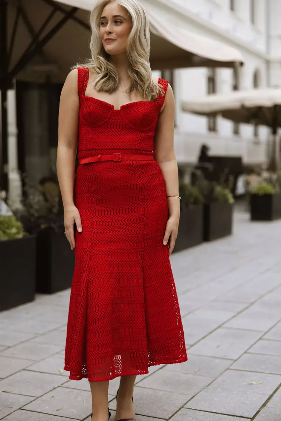 Lattice Lace Midi Dress Red^SELF-PORTRAIT Clearance