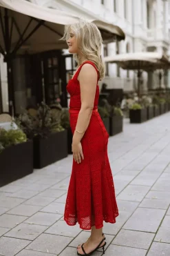 Lattice Lace Midi Dress Red^SELF-PORTRAIT Clearance