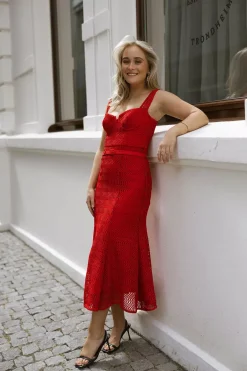 Lattice Lace Midi Dress Red^SELF-PORTRAIT Clearance