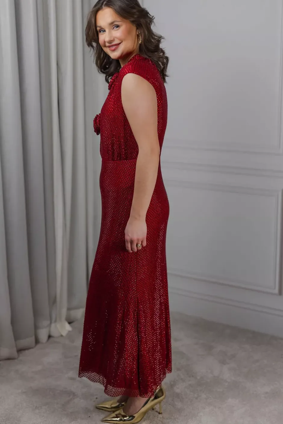 Rhinestone Fishnet Midi Dress Red^SELF-PORTRAIT Clearance