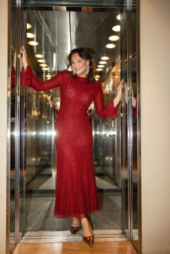 Rhinestone Fishnet Midi Dress Red^SELF-PORTRAIT Fashion