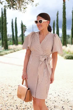 Sophia Short Wrap Dress Brown Stripe^HIIL STUDIO Fashion