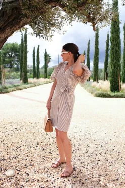 Sophia Short Wrap Dress Brown Stripe^HIIL STUDIO Fashion