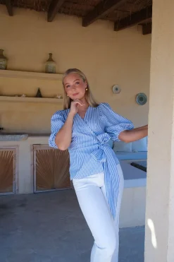 Sophia Wrap Blouse Blue Stripe^HIIL STUDIO Outlet