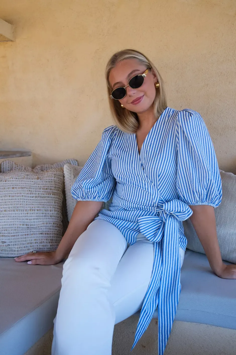 Sophia Wrap Blouse Blue Stripe^HIIL STUDIO Outlet