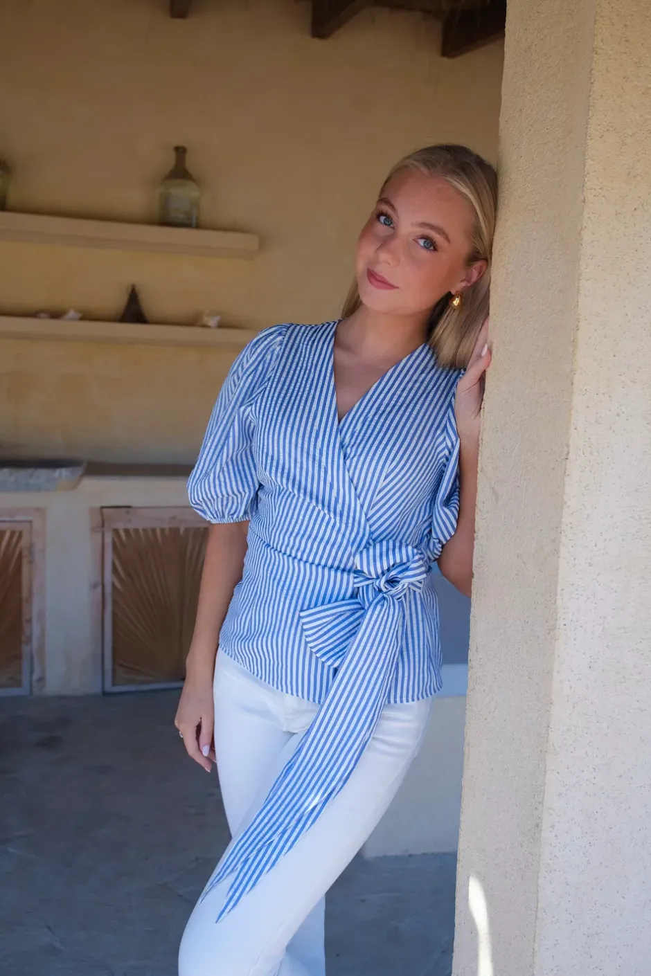 Sophia Wrap Blouse Blue Stripe^HIIL STUDIO Outlet