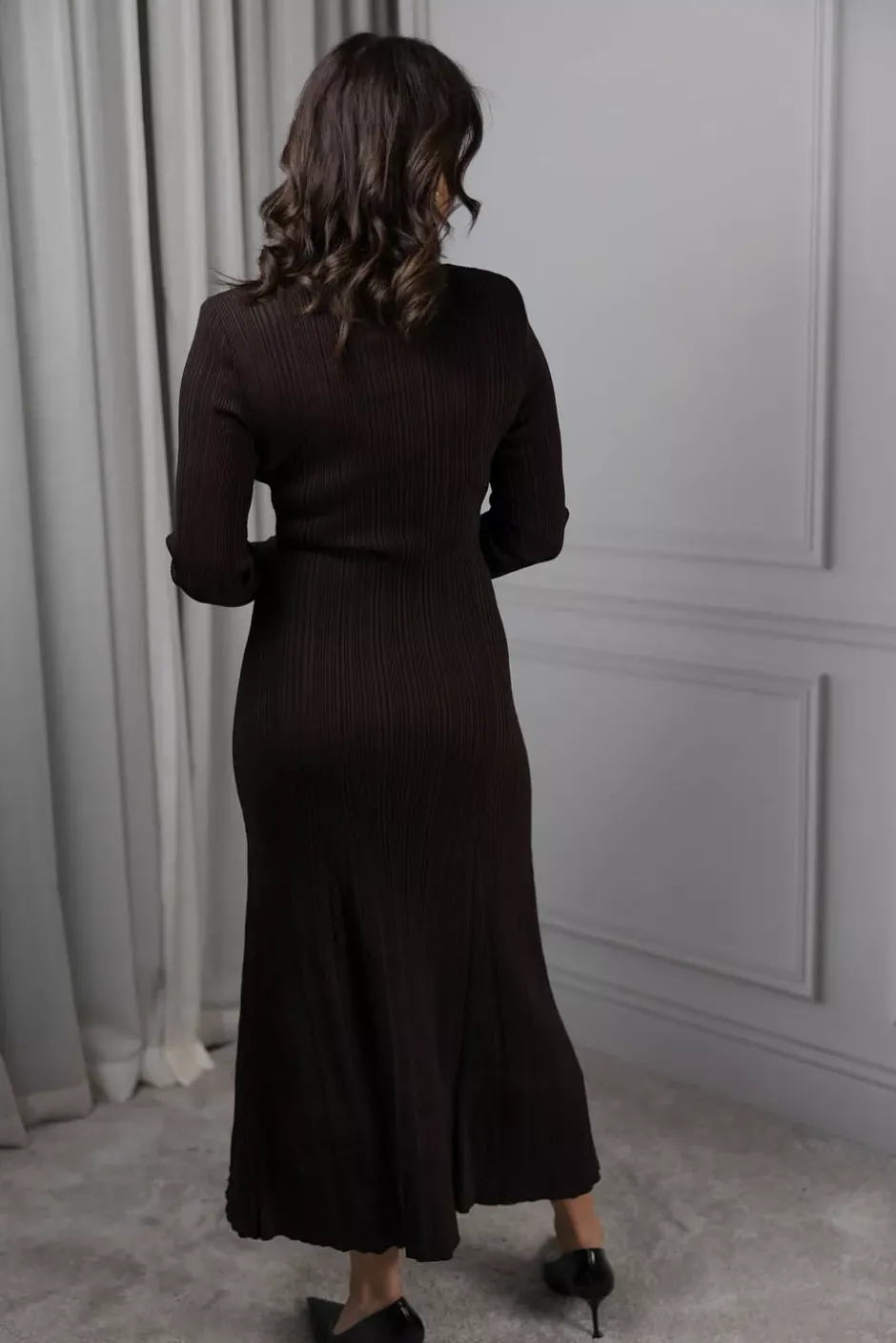 Viscose Rib Knit Midi Dress Brown^SELF-PORTRAIT Online